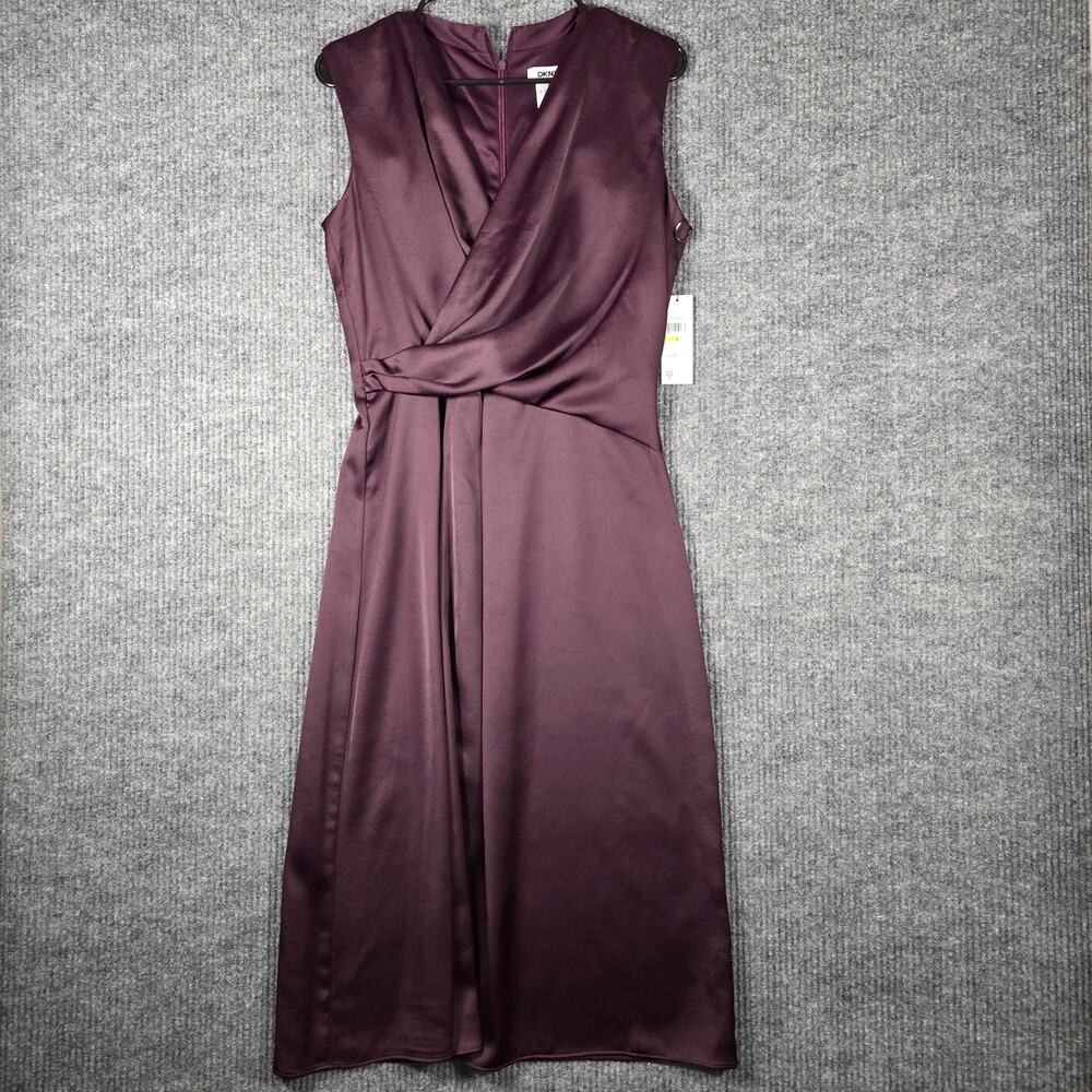 DKNY Womens 4 Plum Satin Faux Wrap Midi Sheath Cocktail Dress NWT. *Flawed*